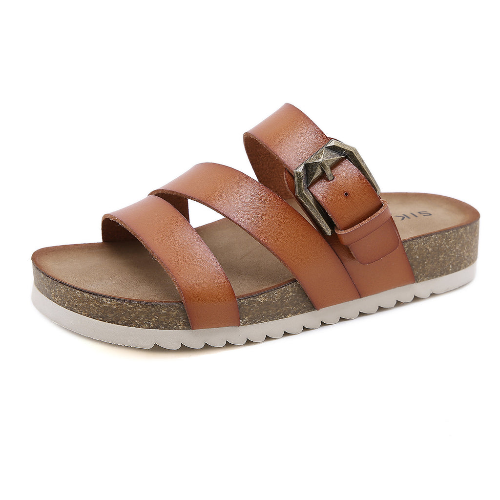 Sandalias Cómodas Antideslizantes Con Hebilla Metálica Y Suela De Madera