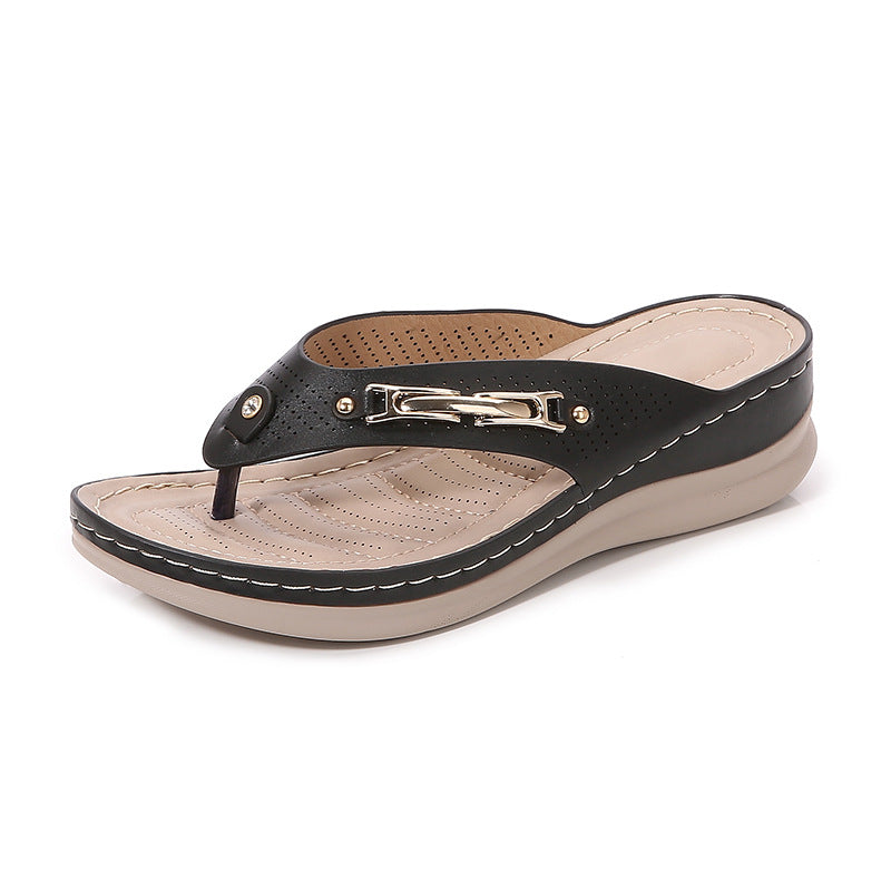 [W-Zapato]  Tacón De Cuña De Las Sandalias Del Tirón De La Personalidad De La Moda De La Cabeza Redonda