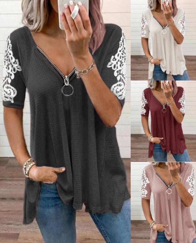 Camiseta Holgada Con Mangas De Encaje Y Encaje Con Cuello En V De Color Liso