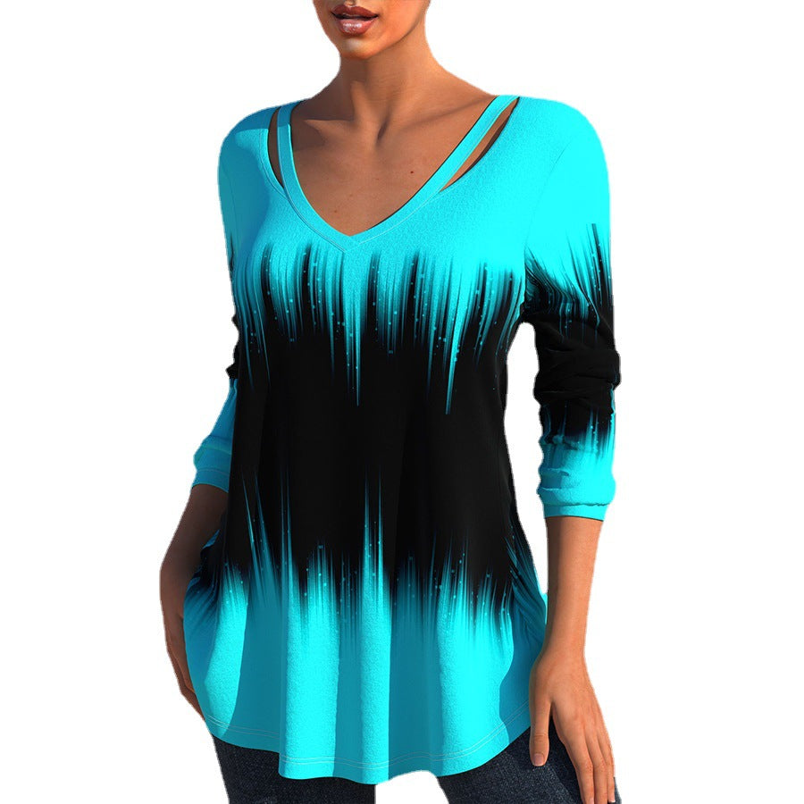 [W-Ropa] Nueva Camiseta Estampada De Manga Larga Hueca En Primavera Y Verano