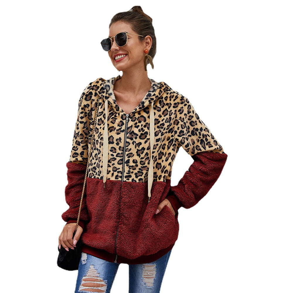 Chaqueta De Moda Con Cremallera Con Capucha Y Estampado De Leopardo