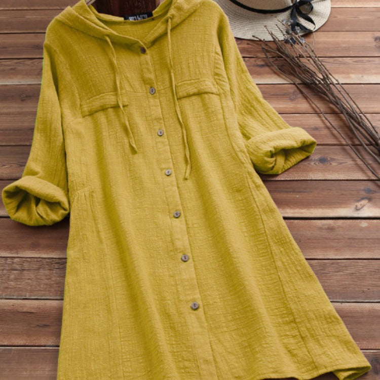 Abrigo Mediano De Algodón Y Lino Con Capucha, Manga Larga Y Talla Grande