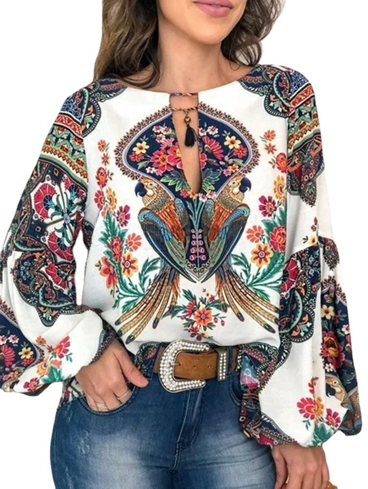 Camisa De Manga De Linterna De Cuello Redondo Para Mujeres Con Personalidad