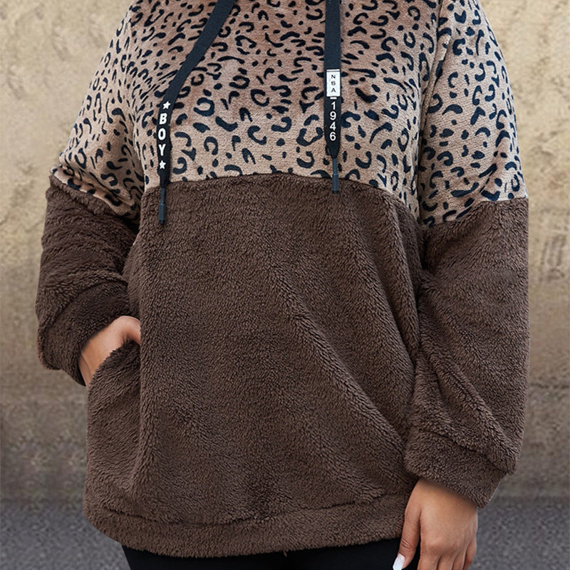 Jersey Suelto De Manga Larga Con Estampado De Leopardo Cosido Con Capucha De Felpa