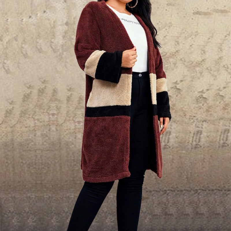 Cárdigan De Felpa Linda Chaqueta De Lana De Doble Cara Con Costuras En Contraste