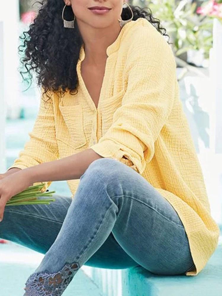 Blusa Holgada De Manga Larga De Algodón Y Lino