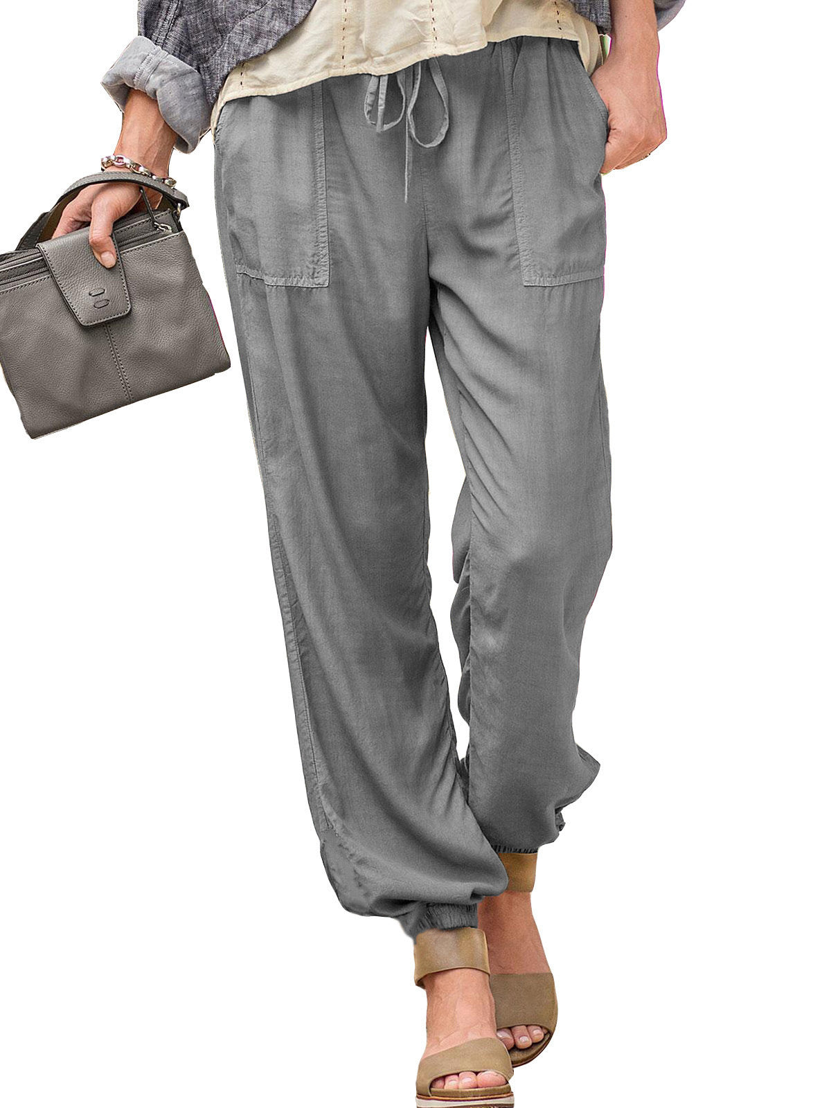 Pantalones De Bolsillo Elásticos Con Cordón De Color Liso