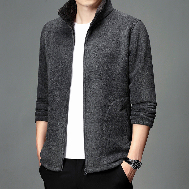 Forro Polar De Color Sólido Con Solapa Para Hombre Más Cárdigan Cálido De Terciopelo