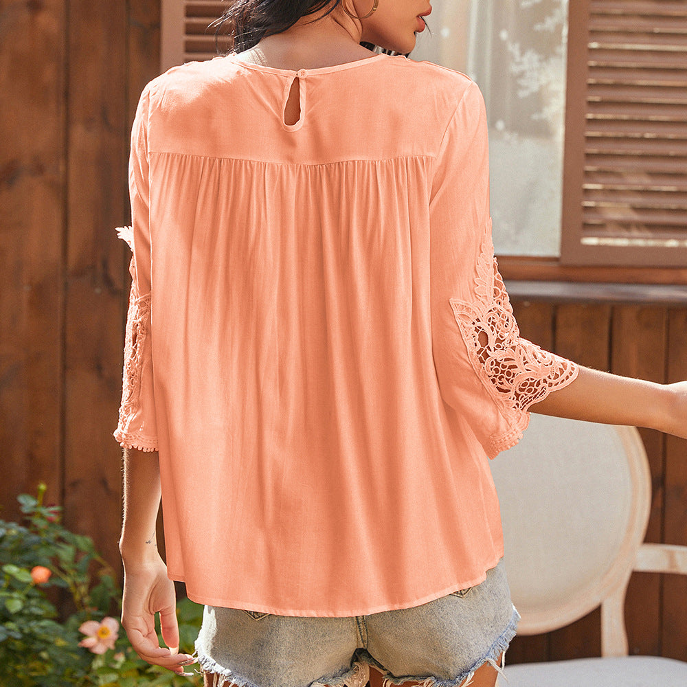 [W-Ropa] 2022 Camisa De Manga Media Con Costuras De Encaje, Color Sólido Para Mujer