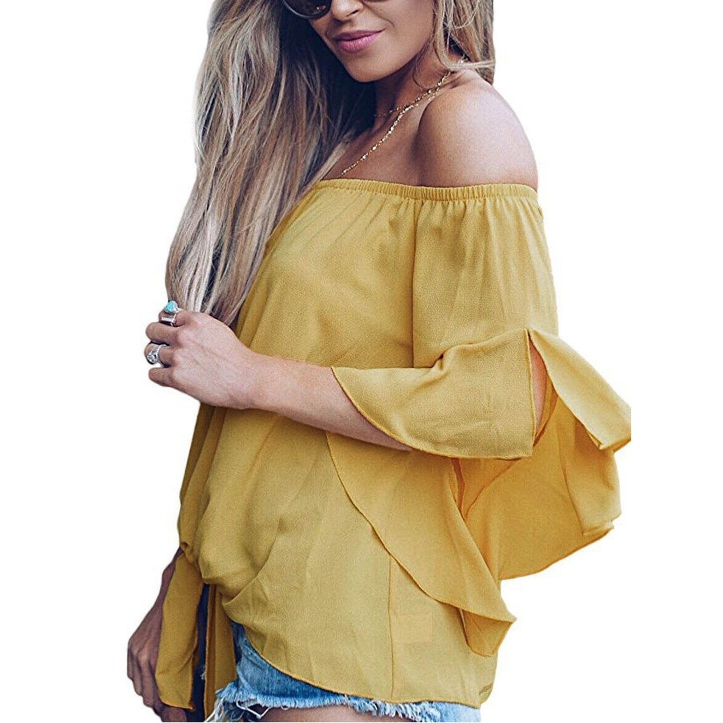 Camisa De Gasa Con Mangas Acampanadas Y Hombros Descubiertos