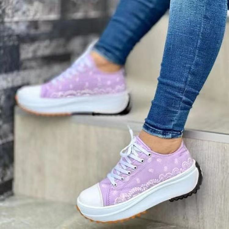 [W-Zapato] 2022 Primavera Nuevos Zapatos De Mujer Casuales De Plataforma De Lona Estampada De Suela Gruesa De Caña Baja