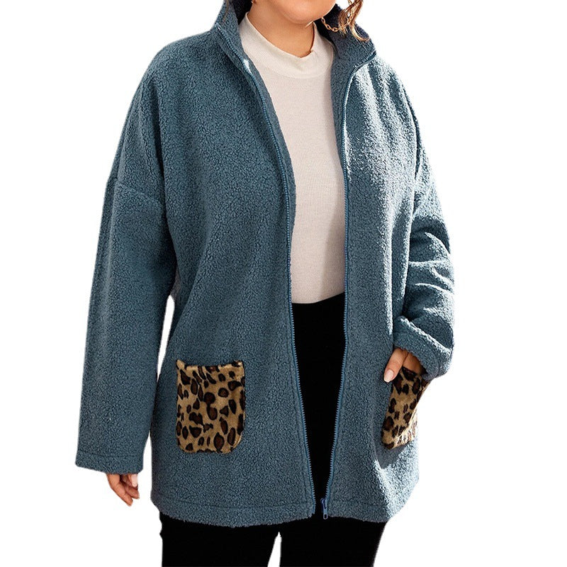 Chaqueta De Forro Polar Con Cremallera De Cuello Alto, Costura Con Estampado De Leopardo, Chaqueta Suelta De Manga Larga Para Mujer De Talla Grande