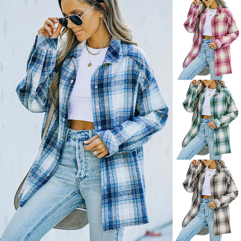[W-Ropa] 2022 Top Suelto Casual Camisa De Manga Larga Abrigo A Cuadros Mujeres