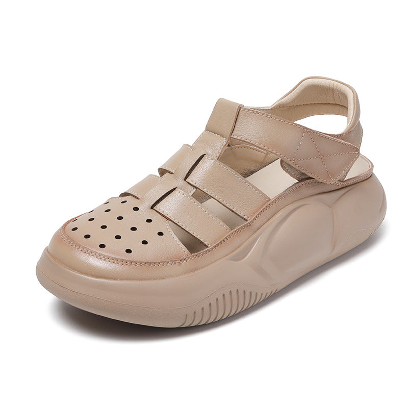 Sandalias De Cuero Con Suela Plana Y Cabeza Redonda En Baotou