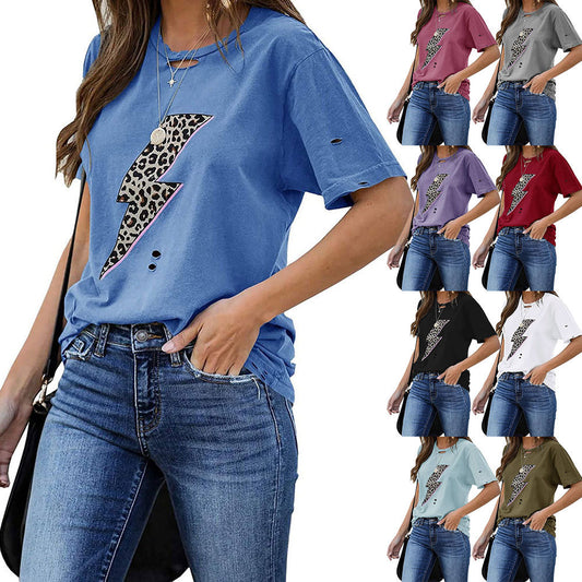 [W-Ropa] Camiseta De Manga Corta Con Cuello De Jardín Y Agujero De Relámpago Con Estampado De Leopardo Para Mujer