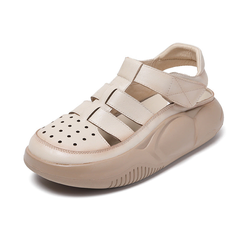 Sandalias De Cuero Con Suela Plana Y Cabeza Redonda En Baotou