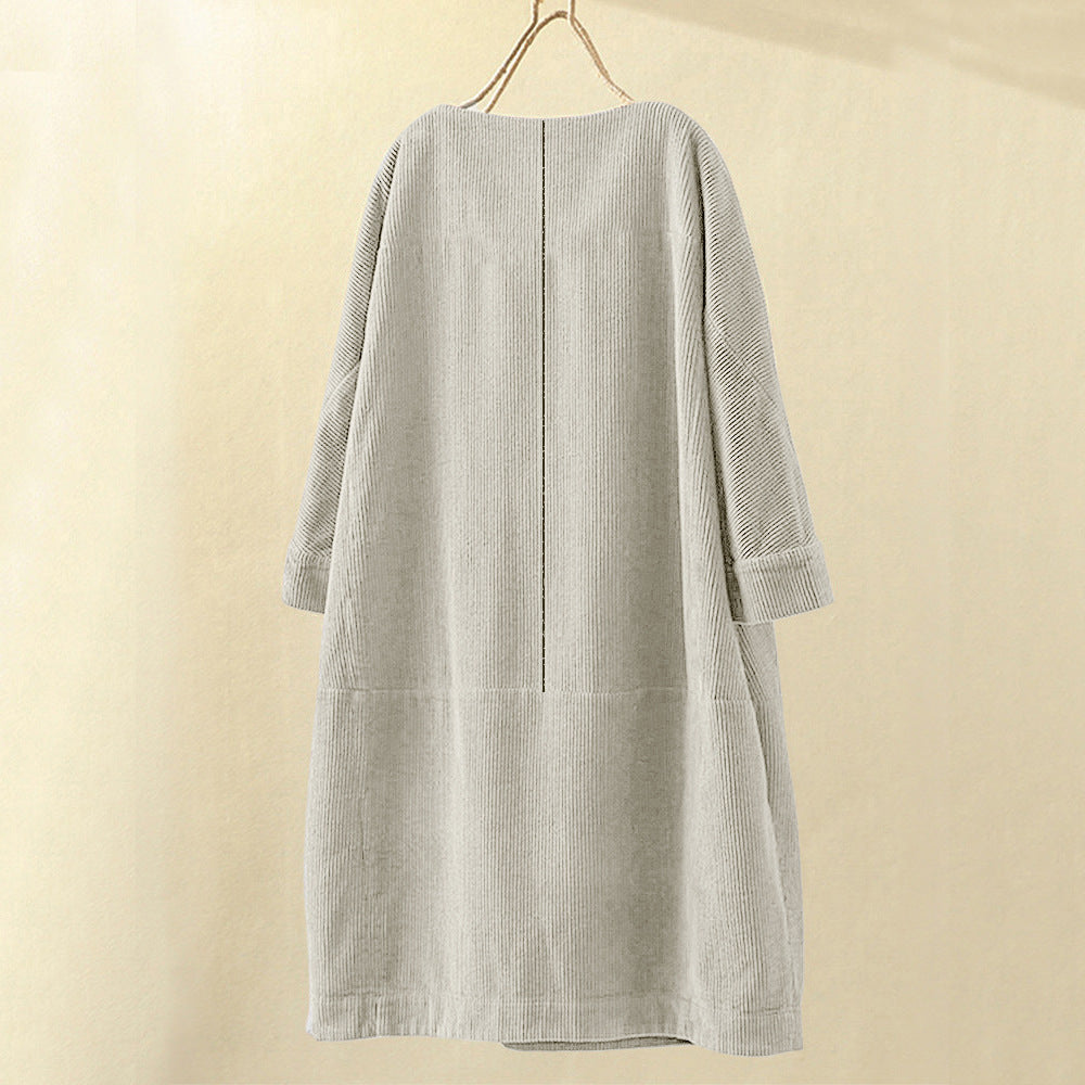 Vestido De Pana Holgado Con Cuello Redondo Y Manga Tres Cuartos