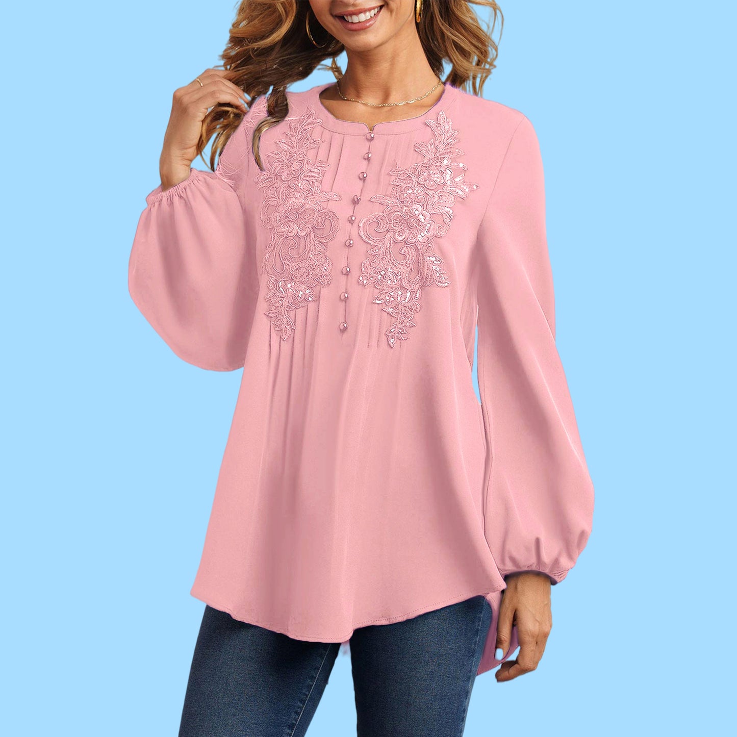 [W-Ropa] 2022 Gasa Cuello Redondo Temperamento Viajero Tejido Manga Larga Pulóver Manga Farol Camisa De Color Sólido