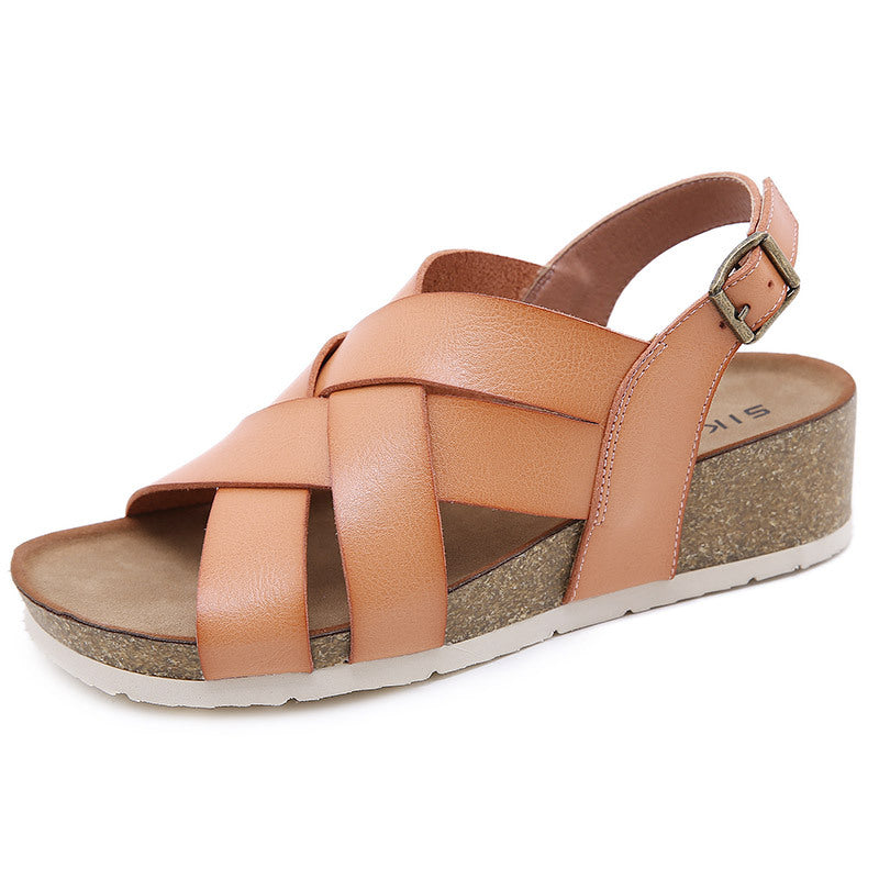 Cómodas Sandalias Romanas De Microfibra Antideslizante Con Hebilla De Metal Y Suela Cortada En Madera