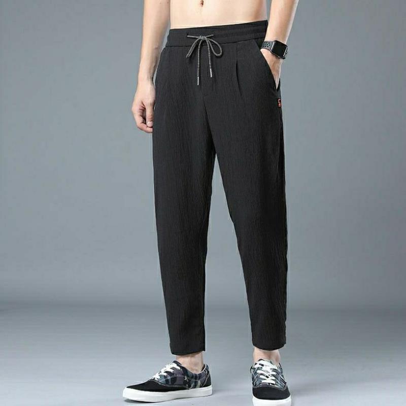 Pantalones De Lino De Algodón Ultrafinos Para Hombre Pantalones Casuales De Seda De Hielo De Ajuste Holgado Rectos