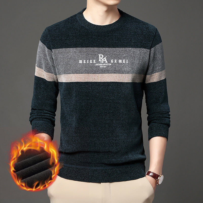 Chenilla Más Suéter De Terciopelo Suéter De Base A Juego De Color A Rayas Cálidas Para Hombres Invierno Más Engrosamiento De Terciopelo