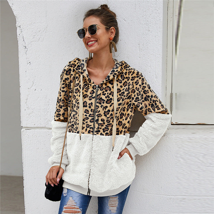 Chaqueta De Moda Con Cremallera Con Capucha Y Estampado De Leopardo