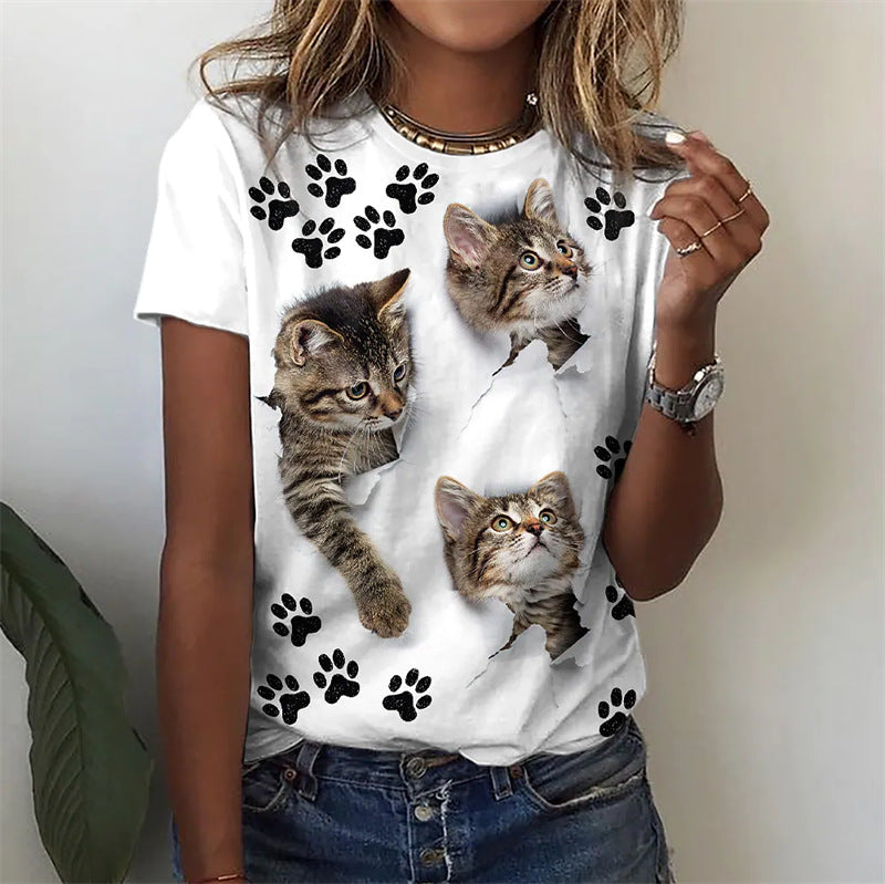 [W-Ropa] Camiseta De Cuello Redondo De Manga Corta Estampada Animal Explosiva