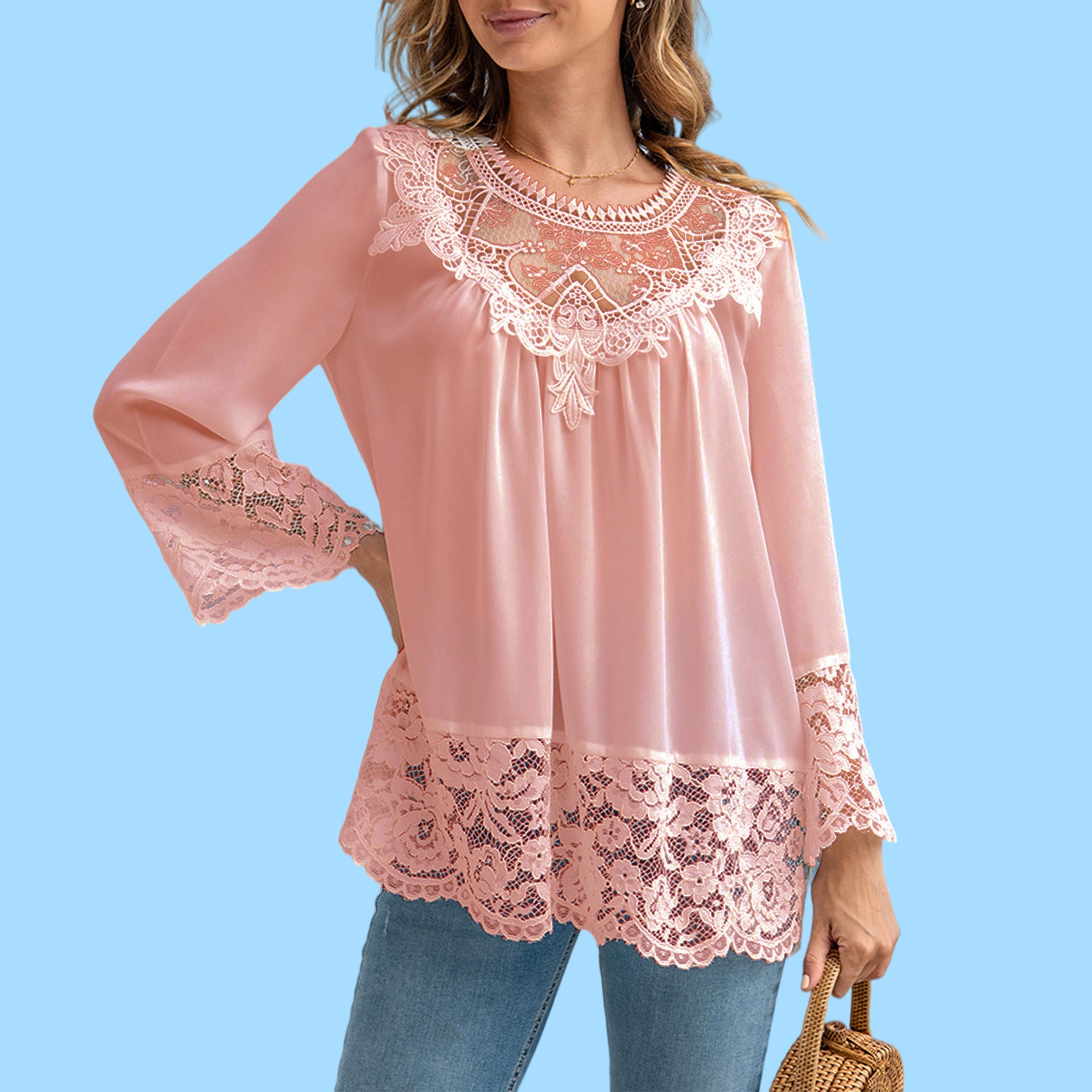 [W-Ropa] Camisa De Encaje Jersey Color Sólido Volantes Camisa Blanca Top De Mujer