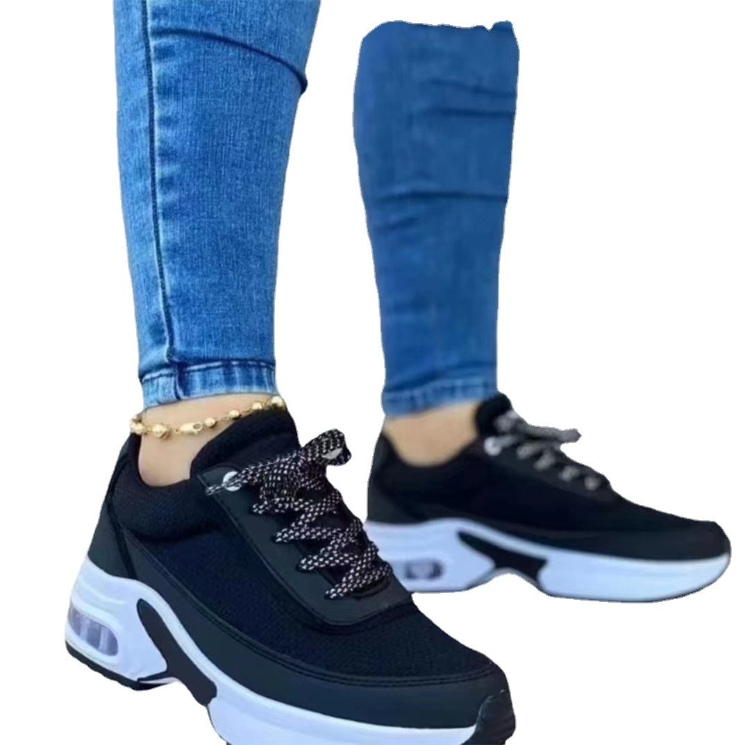 [W-Zapato] Zapatos De Cojín De Aire Con Plataforma De Tacón De Cuña Informal Punta Redonda Con Cordones