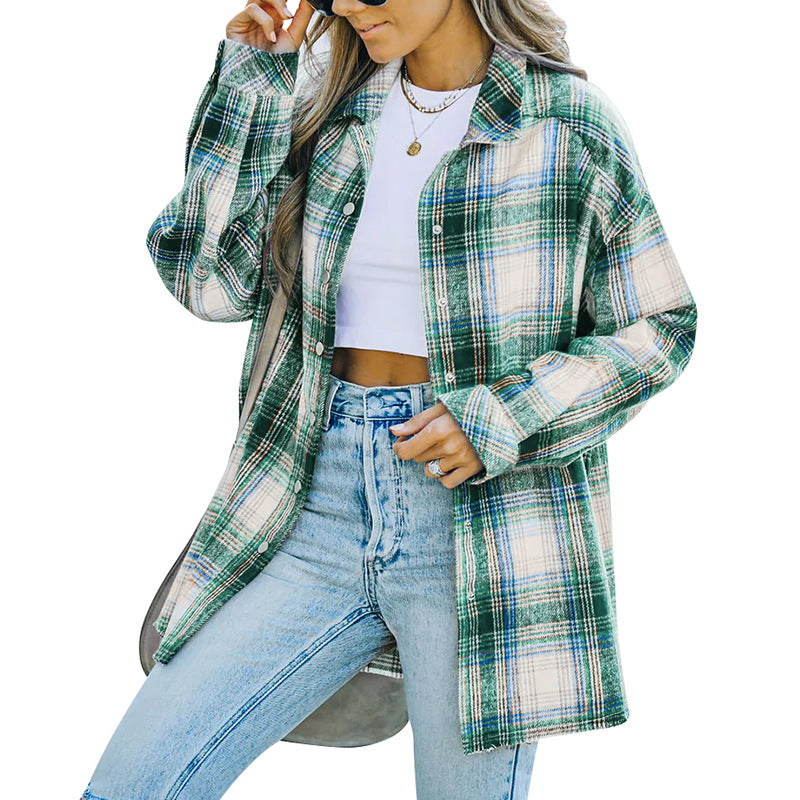 [W-Ropa] 2022 Top Suelto Casual Camisa De Manga Larga Abrigo A Cuadros Mujeres