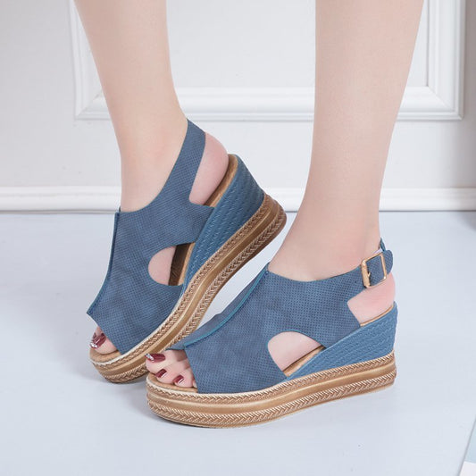 [W-Zapato] Sandalias De Color Sólido Con Forma De Cuña Abierta