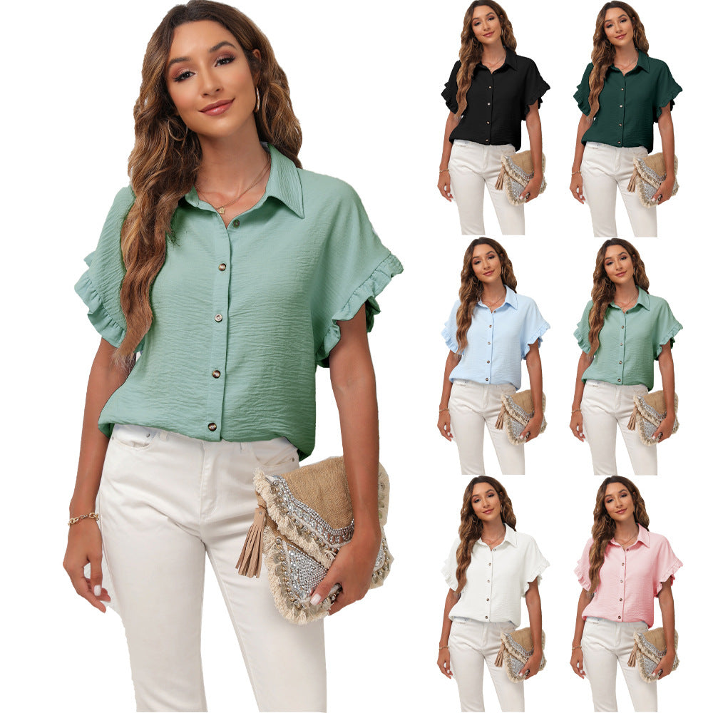 [W-Ropa] Camisa De Gasa De Manga Corta Para Mujer, Nueva Camisa Versátil Con Solapa De Color Sólido