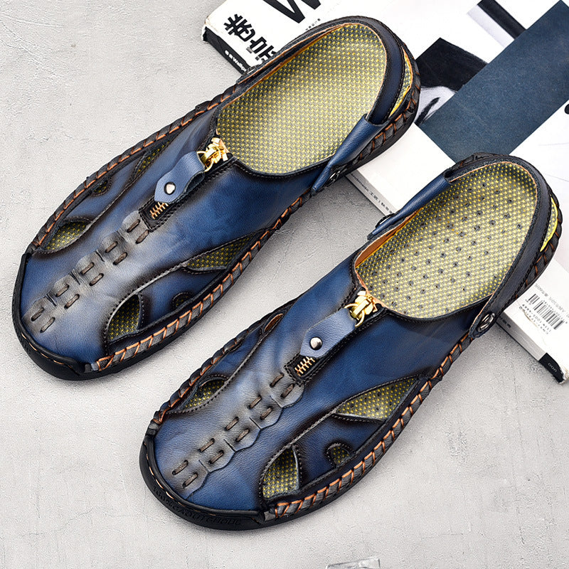 Sandalias Antideslizantes De Velcro Flexible De Cuero Genuino Para Hombre