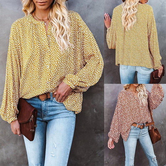 Camisa Casual Suelta De Manga Larga Con Cuello En V Floral