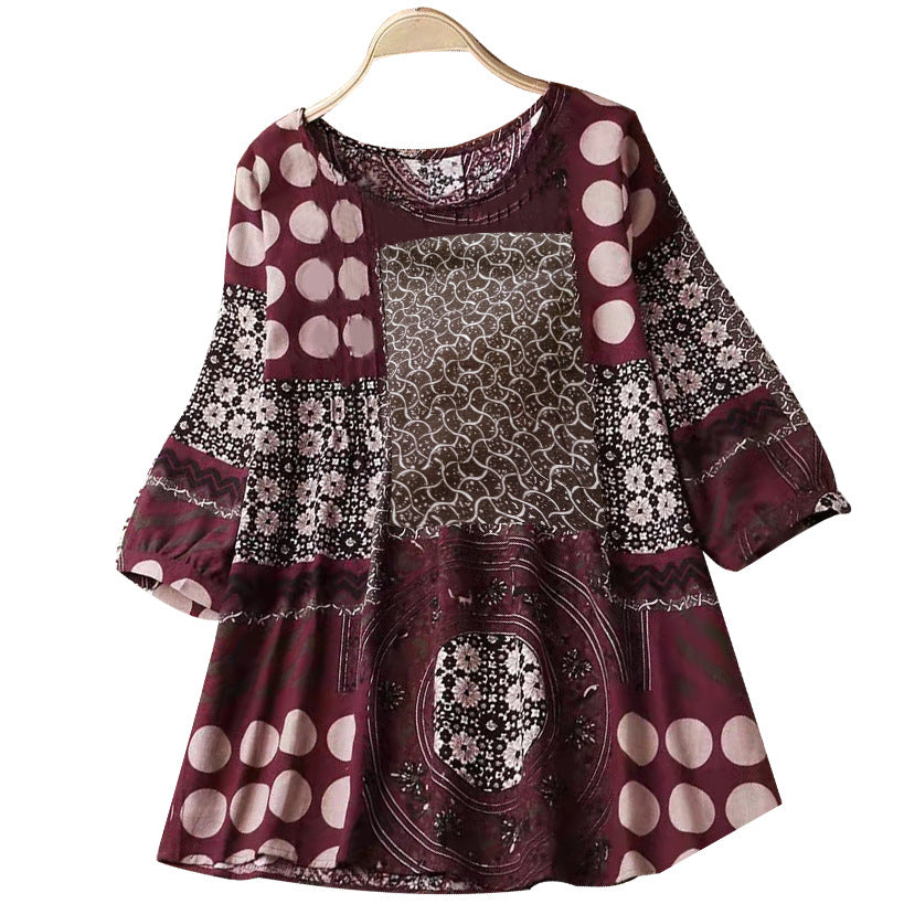 [W-Ropa] Temperament Commuter Mujer Verano Rojo Estampado Jersey Cuello Redondo Manga Tres Cuartos Camisa De Algodón