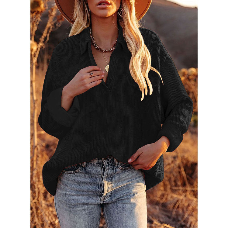 [W-Ropa] Abrigo Camisero Con Solapa De Pana En Color Sólido