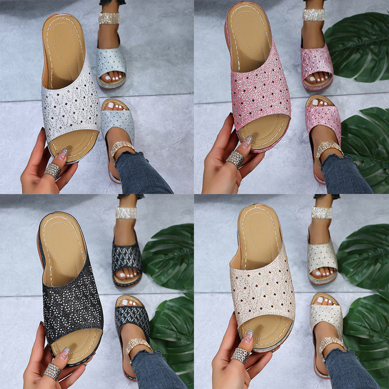 [W-Zapato] 2022 Zapatillas De Mujer Remache Rhinestone Hueco Boca De Pez Zapatos Tallados Sandalias De Cuero