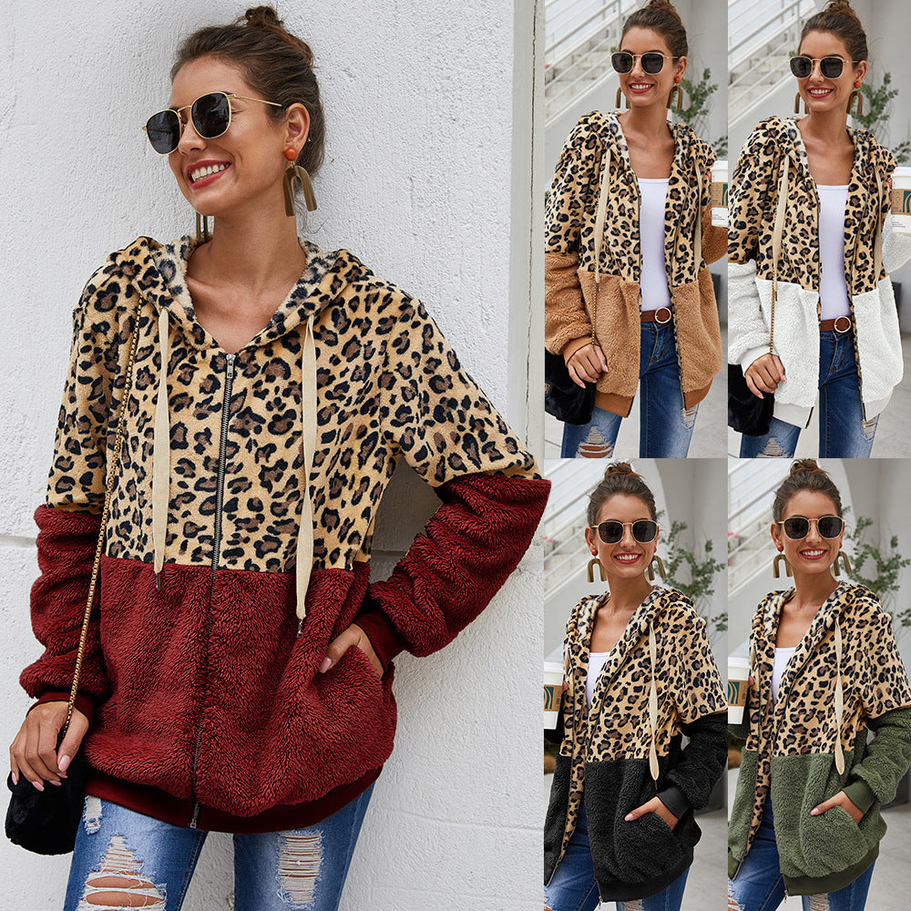 Chaqueta De Moda Con Cremallera Con Capucha Y Estampado De Leopardo