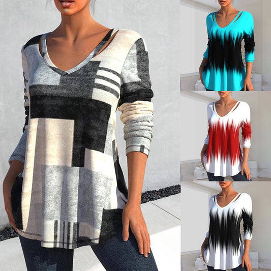 [W-Ropa] Nueva Camiseta Estampada De Manga Larga Hueca En Primavera Y Verano