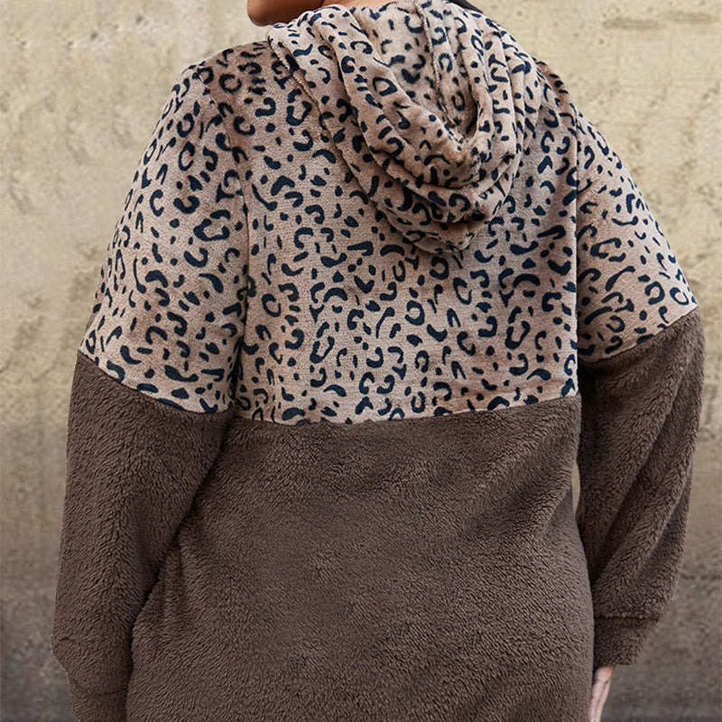 Jersey Suelto De Manga Larga Con Estampado De Leopardo Cosido Con Capucha De Felpa