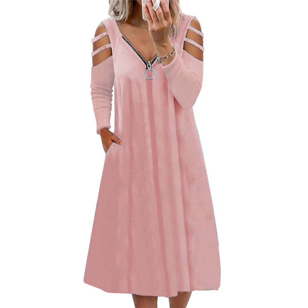 Vestido De Manga Larga De Color Sólido Con Cuello En V Y Cremallera