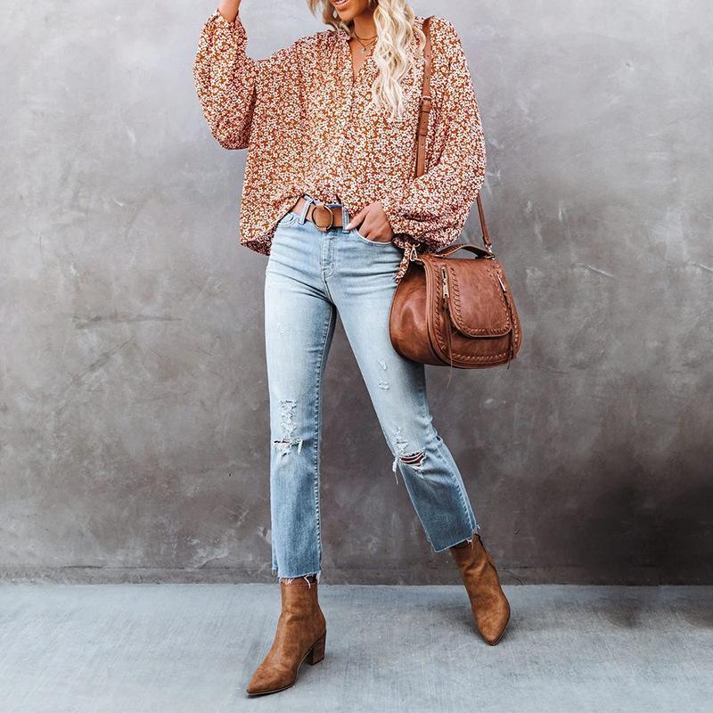 Camisa Casual Suelta De Manga Larga Con Cuello En V Floral