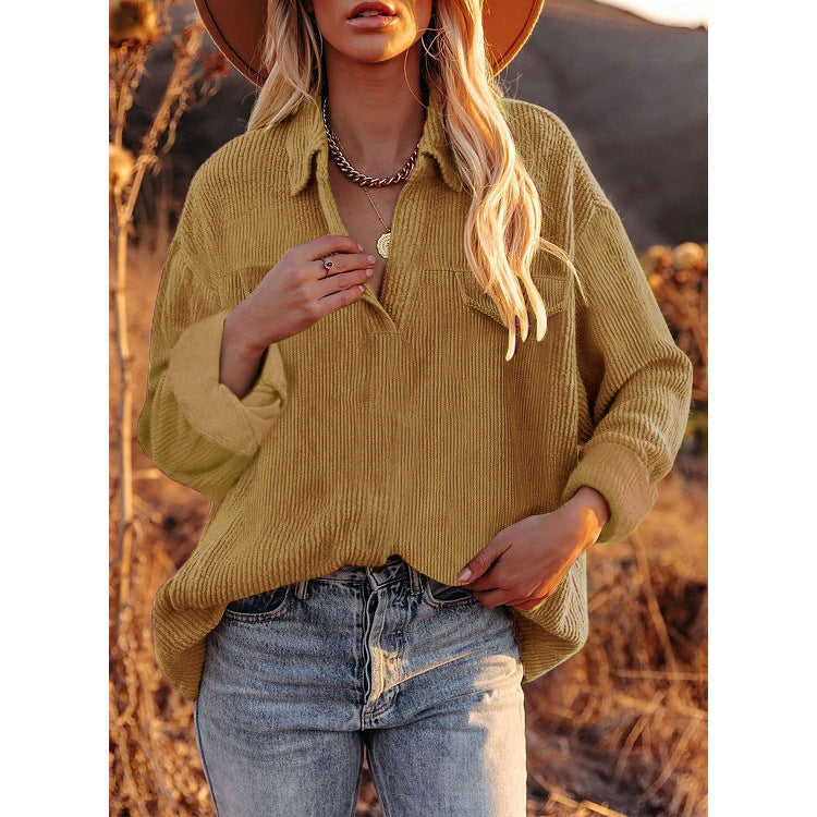 [W-Ropa] Abrigo Camisero Con Solapa De Pana En Color Sólido