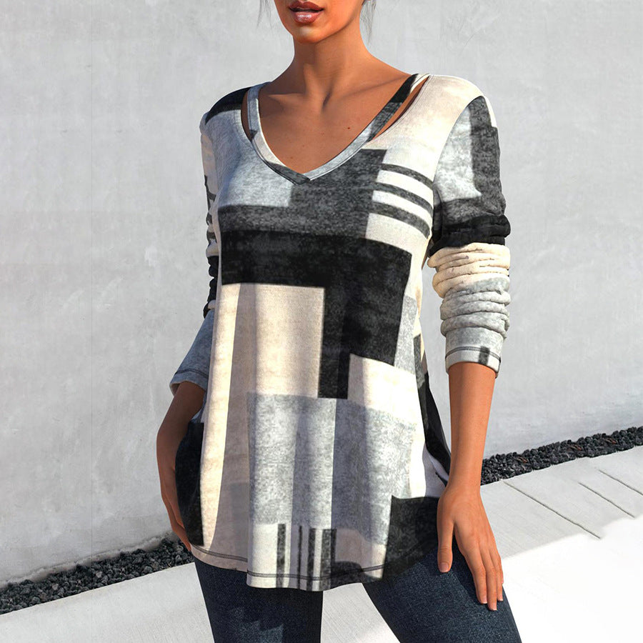 [W-Ropa] Nueva Camiseta Estampada De Manga Larga Hueca En Primavera Y Verano