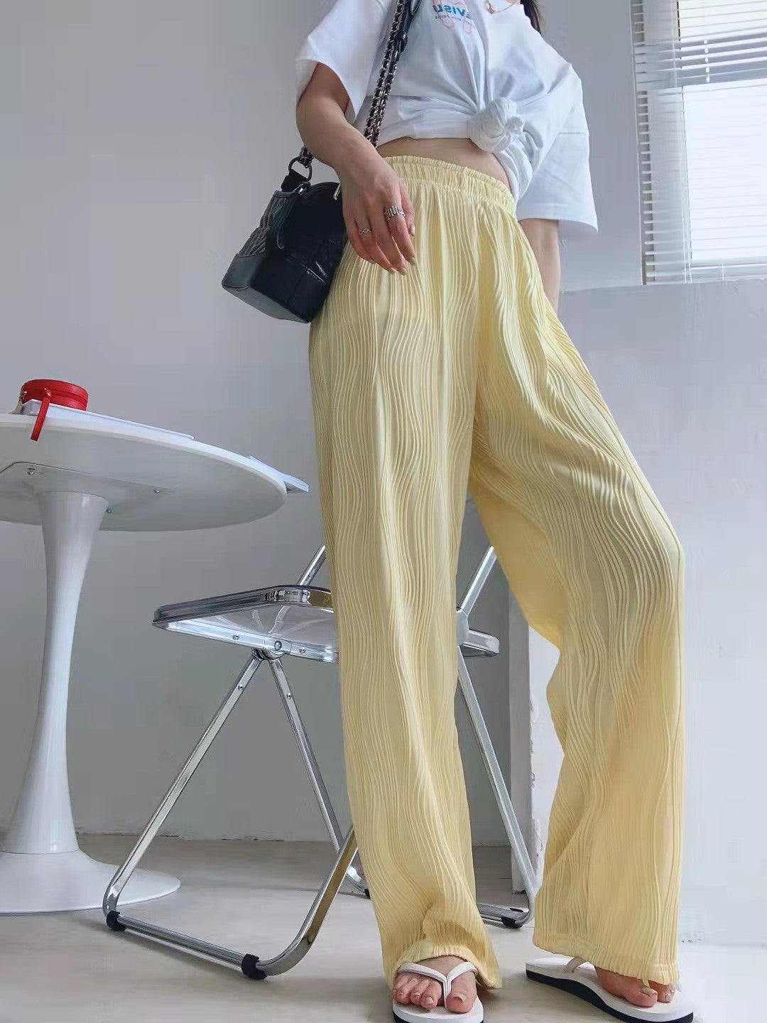 [W-Ropa] Pantalones De Pernera Ancha Con Relieve Water Ripple Water