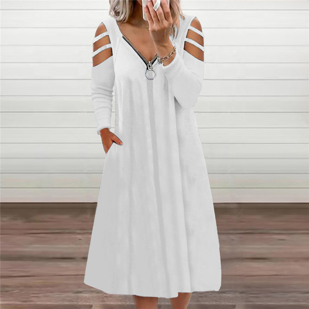 Vestido De Manga Larga De Color Sólido Con Cuello En V Y Cremallera