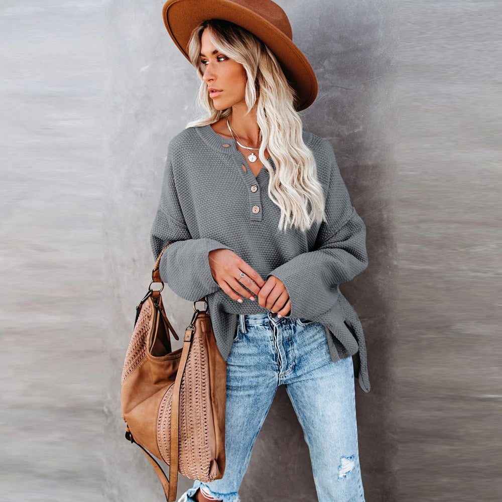 Suéter De Manga Larga De Color Liso Para Mujer, Con Cuello Abotonado, Camisa De Fondo