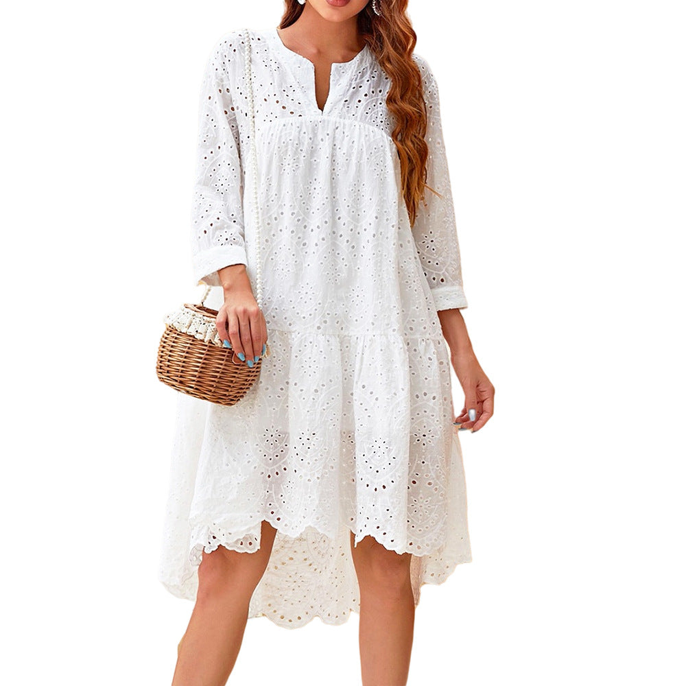 [W-Ropa] La Nueva Falda De Manga Tres Cuartos De Verano Es Fresca Y Dulce Con Bordado Hueco