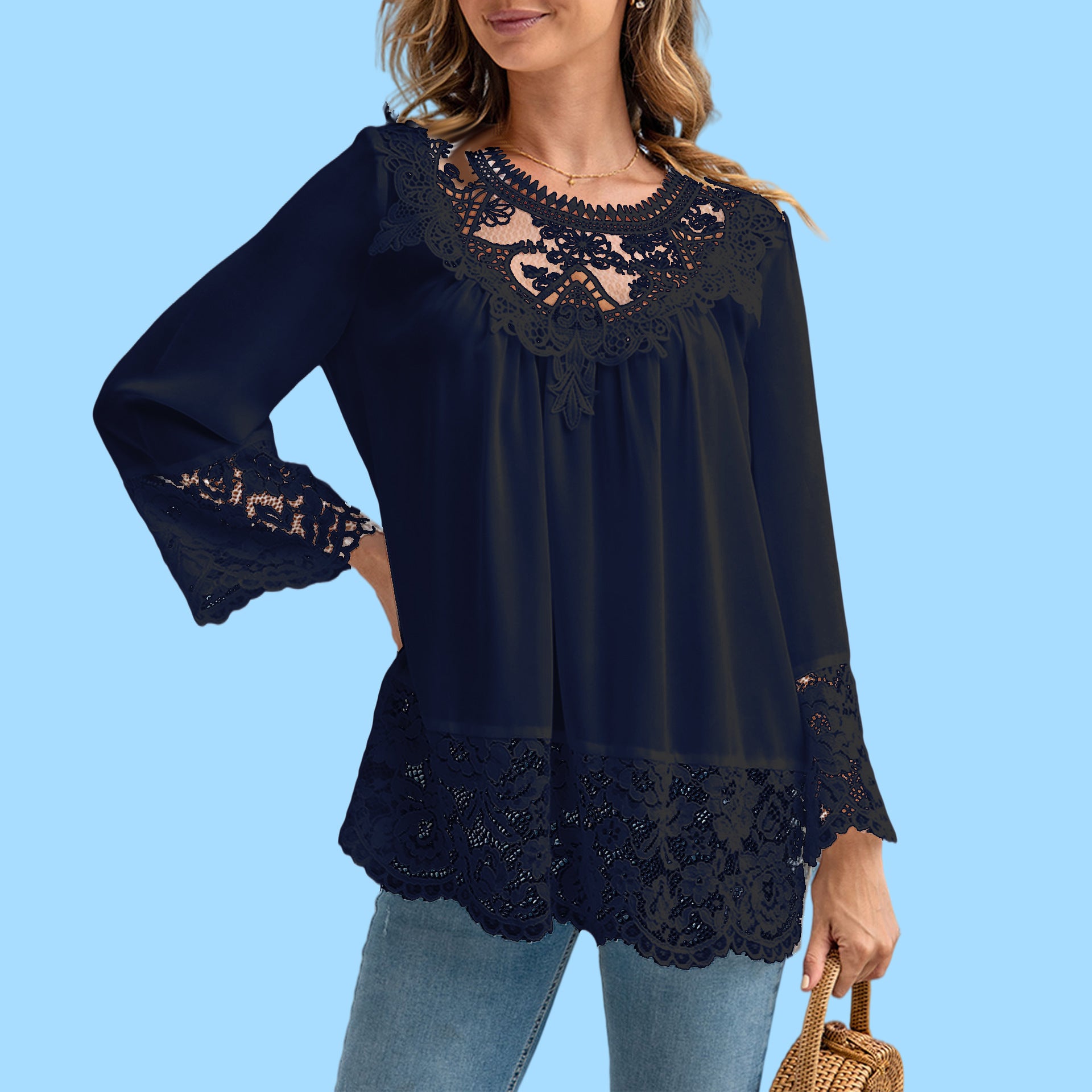 [W-Ropa] Camisa De Encaje Jersey Color Sólido Volantes Camisa Blanca Top De Mujer