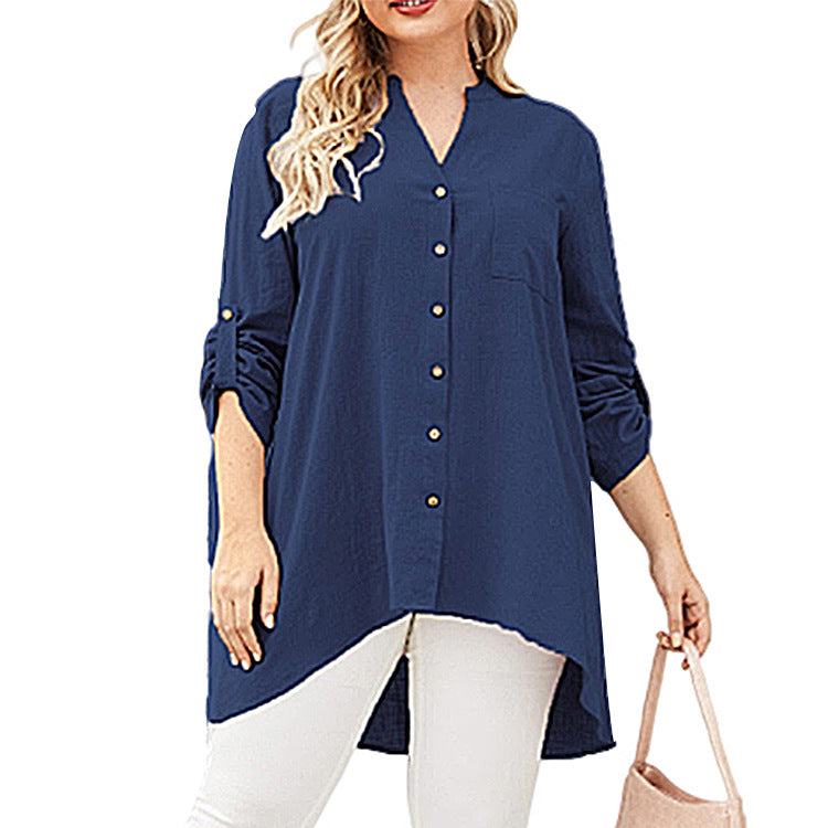 [W-Ropa] Camisa Con Cuello En V De Talla Grande Nueva Moda Casual Estampado De Manga Larga